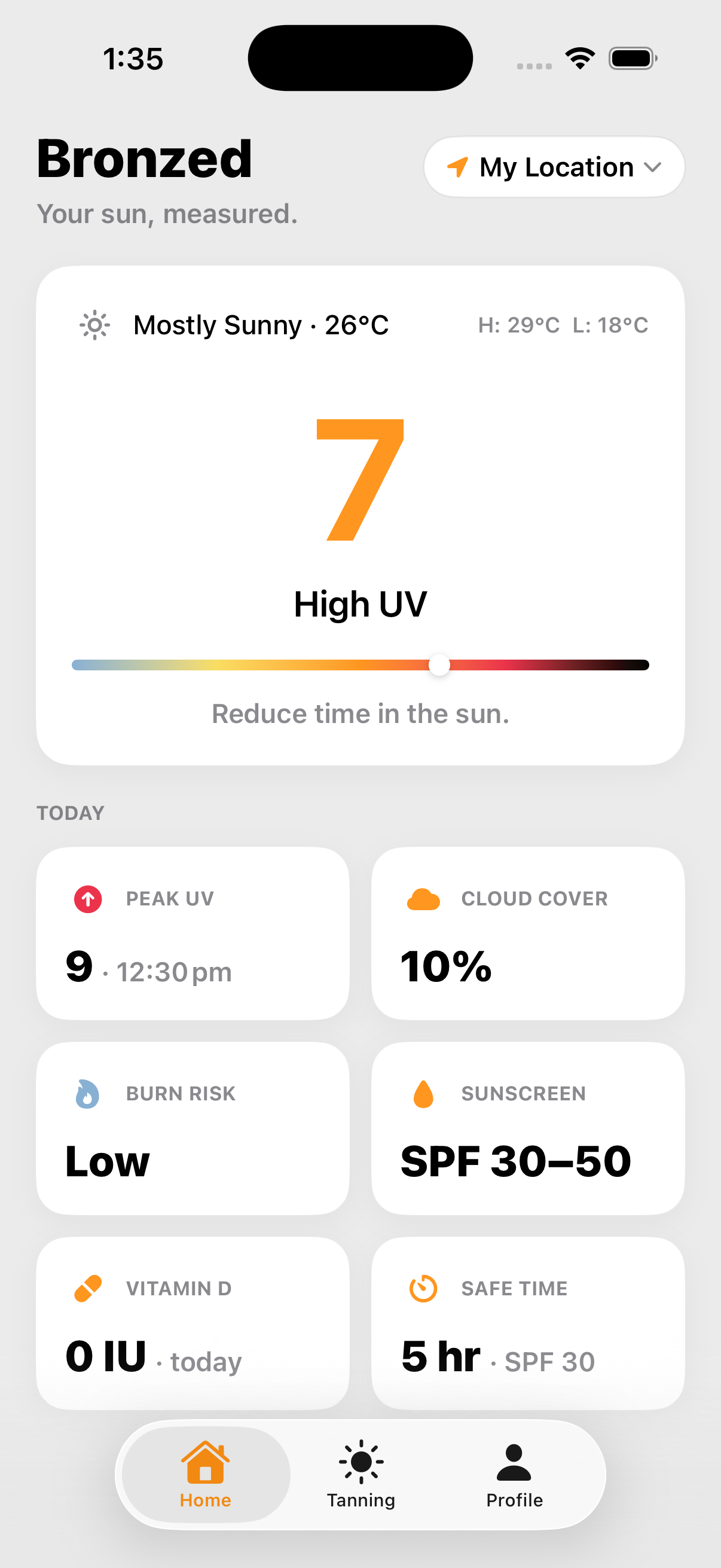Bronzed app showing today's UV and safe time